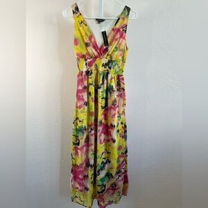 V-Neck Floral Paint-Print Maxi Dress in Yellow & Pink
